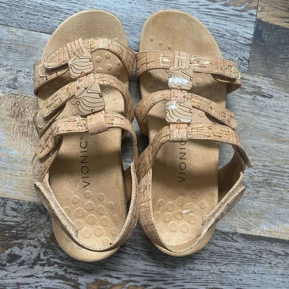 Vionic Women's Tan Cork-Style Triple Strap Sandals - Picture 3 of 7